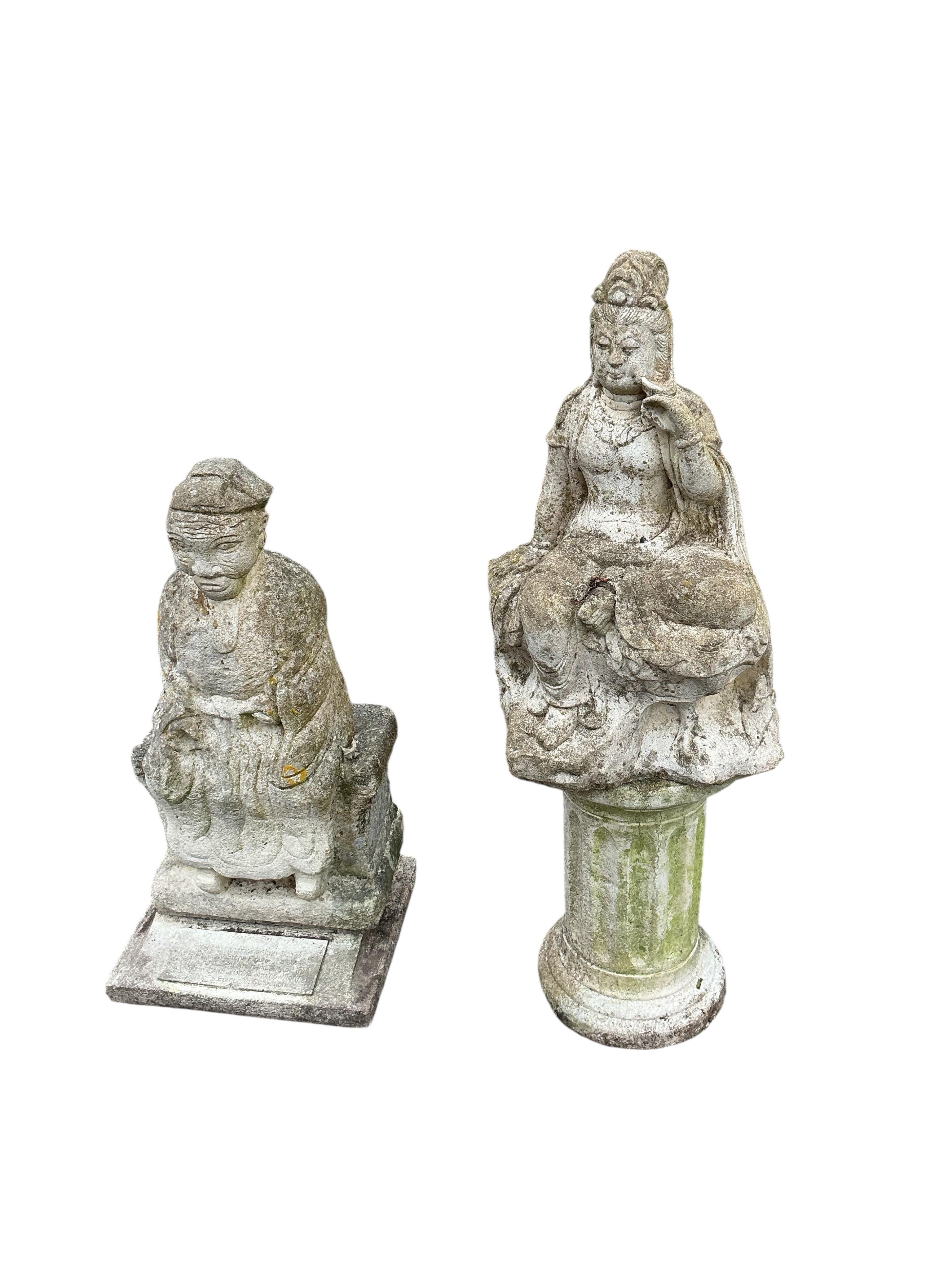 Two reconstituted stone Asian figure garden ornaments, larger height 84cm